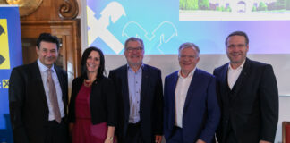 Gruppenfoto vom Talk im Schloss: Peter Brezinschek mit Michaela Anzinger (Vorstand), Bernhard Sommerauer, Hansueli Loosli und Winfried Schönberger (Vorstand)