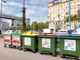 Eine Sammelinsel mit den verschiedenen Sammelcontainern zum Mülltrennen