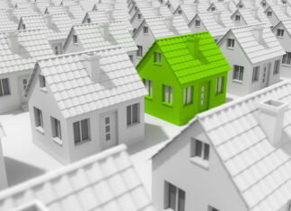 Symbolfoto für nachhaltiges Bauen; Ein grünes Haus unter vielen grauen.
