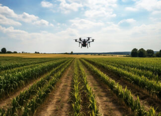 Eine Drohne fliegt über einen Acker als Symbolbild für Digitialisierung in der Landwirtschaft.