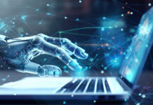 Robot hand typing on laptop with finger, artificial intelligence technology in business. Generative AI