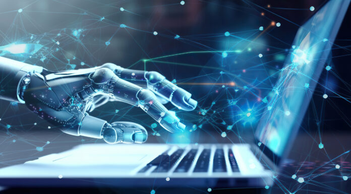 Robot hand typing on laptop with finger, artificial intelligence technology in business. Generative AI