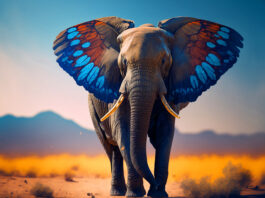 Elefant mit Schmetterlingflügel als Ohren. Das Sujetbild des Raiffeisen Bundeskongress Transformation & Nachhaltigkeit
