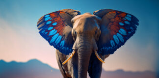 Elefant mit Schmetterlingflügel als Ohren. Das Sujetbild des Raiffeisen Bundeskongress Transformation & Nachhaltigkeit