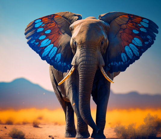 Elefant mit Schmetterlingflügel als Ohren. Das Sujetbild des Raiffeisen Bundeskongress Transformation & Nachhaltigkeit