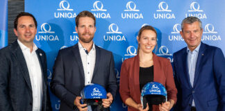 ÖSV-Generalsekretär Christian Scherer, Marco Schwarz, Christine Scheyer und Uniqa-Vorstandsmitglied Kurt Svoboda freuen sich auf die weitere Zusammenarbeit.
