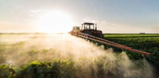Landwirt bringt mit dem Traktor Pflanzenschutz am Feld aus