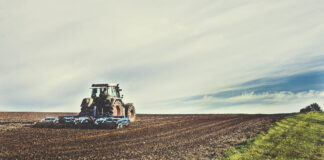 Traktor fährt am Feld