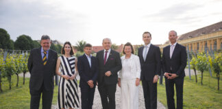 Herbert Stepic, Amelie Groß, Gunter Deuber, Wolfgang Sobotka, Unternehmerin Marietta Ulrich-Horn, Boris Pelikan und sein Geschäftsführerkollege Andreas Fleischmann tauschten sich über die aktuelle Lage der Wirtschaft und Gesellschaft aus. © raiffeisen continuum