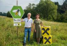 Bernhard Krautzer, Institutsleiter für Pflanzenbau und Kulturlandschaft an der HBLFA Raumberg-Gumpenstein, und Ariane Pfleger freuen sich über die neu geschützte Wildbienenweide.