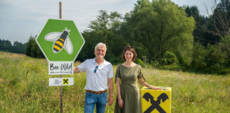 Bernhard Krautzer, Institutsleiter für Pflanzenbau und Kulturlandschaft an der HBLFA Raumberg-Gumpenstein, und Ariane Pfleger freuen sich über die neu geschützte Wildbienenweide.