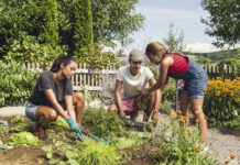 Familie arbeitet gemeinsam im Garten