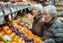 Elteres Ehepaar steht vor einem Gemüseregal im Supermarkt als Symbolbild für Pension und betriebliche Vorsorge