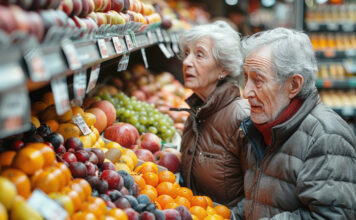 Elteres Ehepaar steht vor einem Gemüseregal im Supermarkt als Symbolbild für Pension und betriebliche Vorsorge