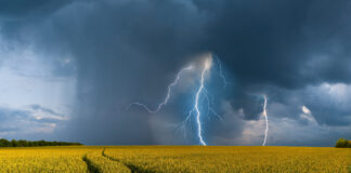 Symbolbild Wetterextreme, Klimawandel, Feld mit Gewitterwolke und Blitz