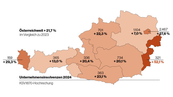 GRAFIK: Österreichkarte mit den Insolvenzen von Unternehmen