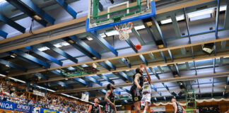 GMUNDEN,AUSTRIA,18.MAY.23 - BASKETBALL - Superliga, play off, semifinal, Swans Gmunden vs Flyers Wels. Image shows an overview of the Raiffeisen Sportpark Gmunden.