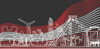 Grafik: Stilisierte Symbolbilder für Industrie (Windrad, Ölturm, Gasspeicher) mit Österreich Fahne im Hintergrund