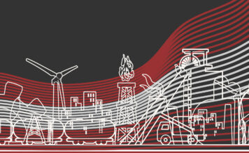 Grafik: Stilisierte Symbolbilder für Industrie (Windrad, Ölturm, Gasspeicher) mit Österreich Fahne im Hintergrund