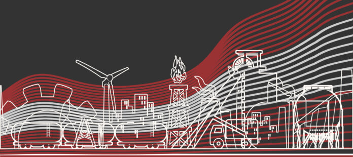 Grafik: Stilisierte Symbolbilder für Industrie (Windrad, Ölturm, Gasspeicher) mit Österreich Fahne im Hintergrund