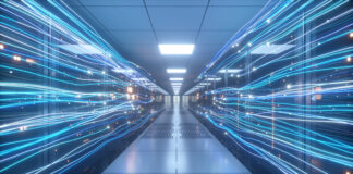 Symbolbild für Digitalisierung: Digital information flows through the network and data servers behind glass panels in the server room of a data center or Internet service provider. High speed digital lines. 3d illustration