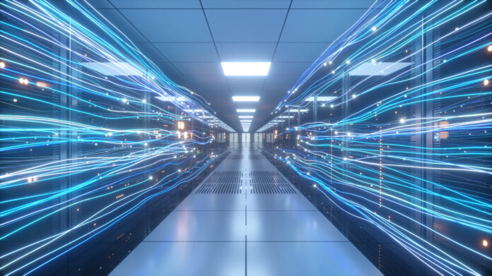 Symbolbild für Digitalisierung: Digital information flows through the network and data servers behind glass panels in the server room of a data center or Internet service provider. High speed digital lines. 3d illustration