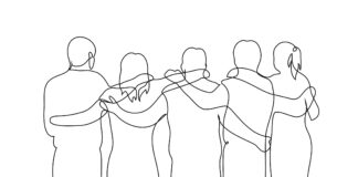 Zeichnung in durchgehender Linie, die Menschen zeigt, die sich umarmen, als Symbolbild für Genossenschaften und Kooperieren anlässlich der ÖRV-Initiativen im Jahr der Genossenschaften