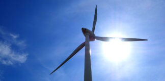 Ein Windrad gegen die Sonne als Symbolbild für Erneuerbare Energie