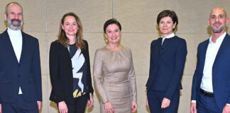 Setzen ein Zeichen für Vielfalt bei der RLB OÖ: Joachim Reder, Künstlerin Antonia Riederer, Sigrid Burkowski, Michaela Keplinger-Mitterlehner und Manuel Bräuhofer