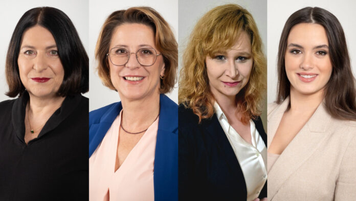 Collage mit vier Porträts: Susanne Bauer, RSC CEO, Elke Berger, RSC COO, Lydia Tomasch, Teamleiterin Digital Banking, Contact Center, Romana Matosevic, Teamleiterin Compliance Monitoring, Transaction Services & Monitoring