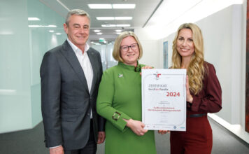 Generaldirektor Heinrich Schaller mit Sandra Lehner und Monika Mitter-Neuhauser, die die Projektgruppe „Beruf & Familie“ in der RLB OÖ leiten