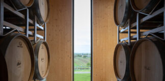 Weinfässer links und rechts in der Mitte ein Fenster mit Blick auf einen Weingarten