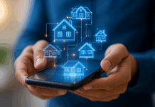 Symbilbild für KI in der Immobilienbranche. ein Smartphone in Händen, darüber stilisierte Häuser