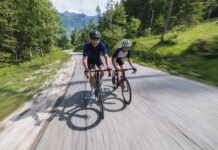 Zwei Rennradfahrer auf einer Straße durch ein Waldgebiet