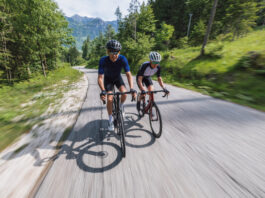 Zwei Rennradfahrer auf einer Straße durch ein Waldgebiet