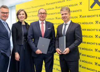 RLB Steiermark Vorstabnd präsentiert die Bilanz 2024: Rainer Stelzer, Ariane Pfleger, Martin Schaller und Florian Stryeck