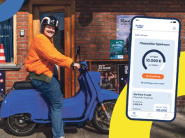 TeamBank Advertorial: Mann aufd einem bleuen Motorrolla und ein Sujet von der faire Credit App