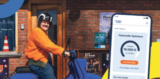 TeamBank Advertorial: Mann aufd einem bleuen Motorrolla und ein Sujet von der faire Credit App