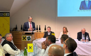 Erwin Hameseder am Podium bei der Generalversammlung der Raiffeisenbank Region Waldviertel Mitte