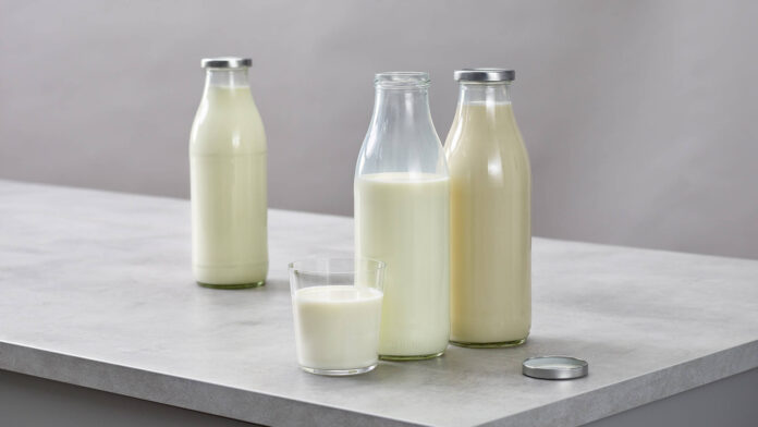 Symbolbild für pflanzliche Drinks: 3 nicht ettikettierte Flaschen und ein Glas mit Hafermilch