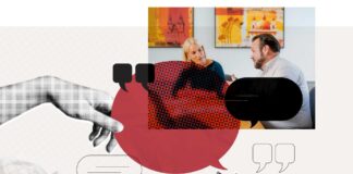 Sabine Pfeffer und Hannes Cizek im Interview; gestaltet mit grafischen Elementen wie Anführungszeichen