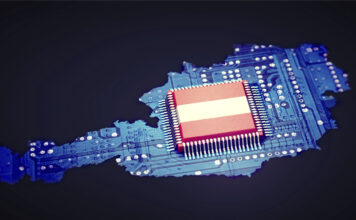Symbolbild: Platine in Österreich-Form als mit Rot-Weiß-Roten-Chip