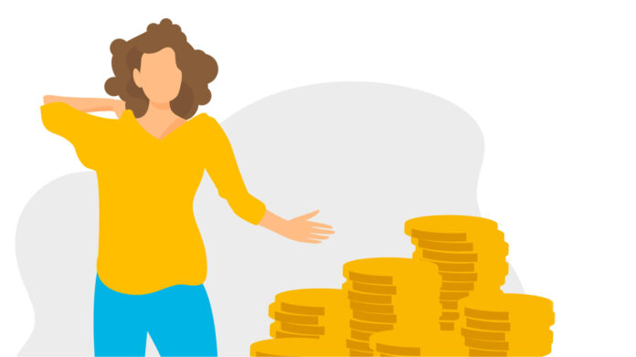 Grafische Darstellung einer Frau vor einigen Münztürmen