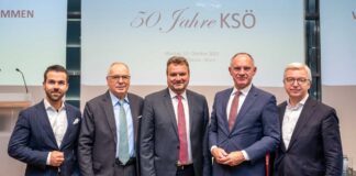 Mark Thorben Hofmann, KSÖ-Vizepräsident Christian Domany, Innenminister a.D. und KSÖ-Vizepräsident Karl Schlögl, Innenminister Gerhard Karner und KSÖ-Präsident Michael Höllerer feierten gemeinsam das 50-jährige Bestehen.