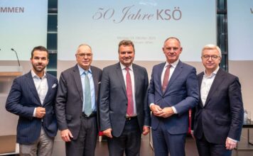 Mark Thorben Hofmann, KSÖ-Vizepräsident Christian Domany, Innenminister a.D. und KSÖ-Vizepräsident Karl Schlögl, Innenminister Gerhard Karner und KSÖ-Präsident Michael Höllerer feierten gemeinsam das 50-jährige Bestehen.
