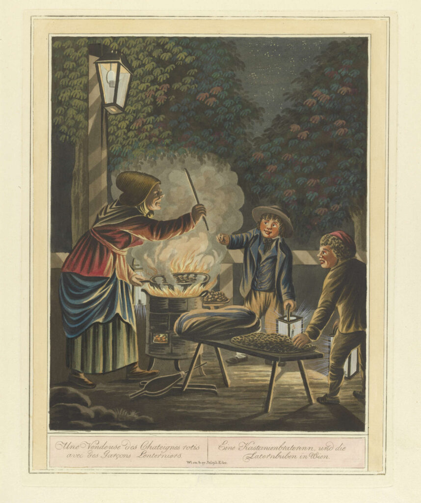 Eine Kastanienbraterinn, und die Laternbuben in Wien."