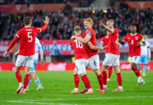 Rangnicks WM-Formel: 2-4-6 Stefan Posch (AUT), Romano Schmid (AUT), Nicolas Seiwald (AUT), Konrad Laimer (AUT), und David Alaba (AUT) jubeln nach einem Tor von Schmid zum 1:0 am Donnerstag, 09. Oktober 2025, während des Spiels zur WM-Qualifikation, Gruppe H, 7. Runde, zwischen Österreich und San Marino in Wien.