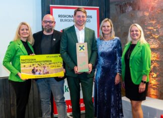 Eva Fugger (2. von rechts) mit Vanessa Gollatz (Office Management), Jürgen Laschober (CMO), Michael Oberfeichtner (CEO) und Karin Oberfeichtner (Eventmanagement) von O.K. Energie Haus