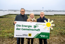Raiffeisen und Flughafen gründen Bürgerenergiegemeinschaft Günter Ofner, Ernestine Grießler und Michael Höllerer freuen sich über die grüne Kooperation ab 2026.