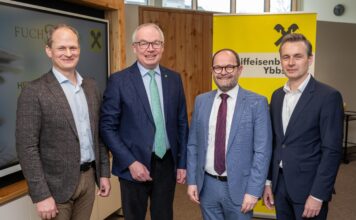 Energie mit Augenmaß nutzen Gruppenbild von Geschäftsführer Florian Fuchsluger, LH-Stellvertreter Stephan Pernkopf, Geschäftsleiter Georg Berger und RLB NÖ-Wien-Vorstand Martin Hauer